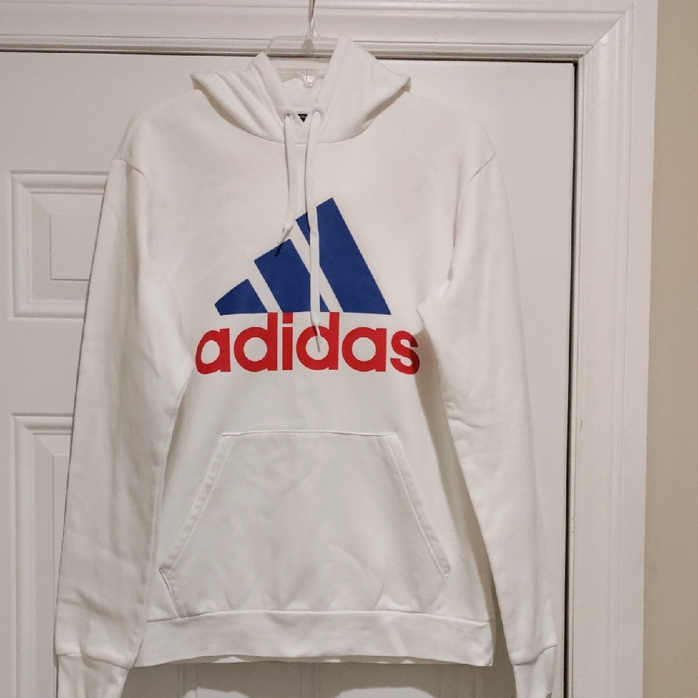 Adidas Men's White Hoodie with Blue and Red Accents